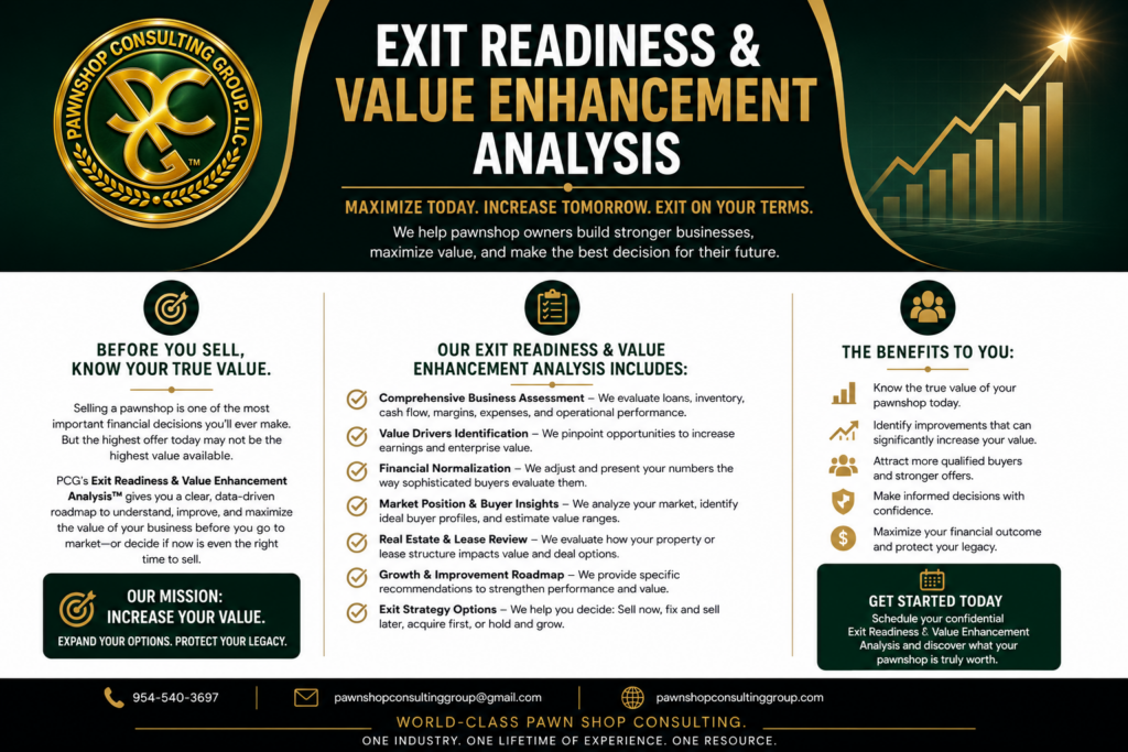 Pawnshop Consulting Group Exit Readiness and Value Enhancement Analysis for pawnshop owners