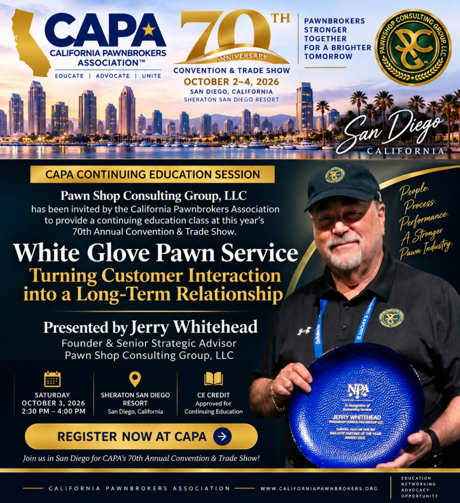 Jerry Whitehead of Pawnshop Consulting Group presenting White Glove Pawn Service at the 2026 CAPA Convention in San Diego