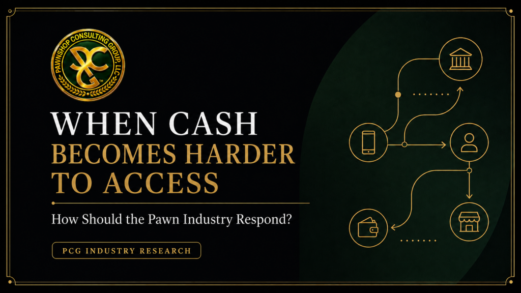 Pawn industry cash access research banner from Pawnshop Consulting Group asking how pawnbrokers should respond when cash becomes harder to obtain